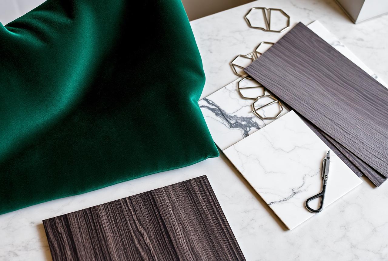 Interior design material samples and finishes